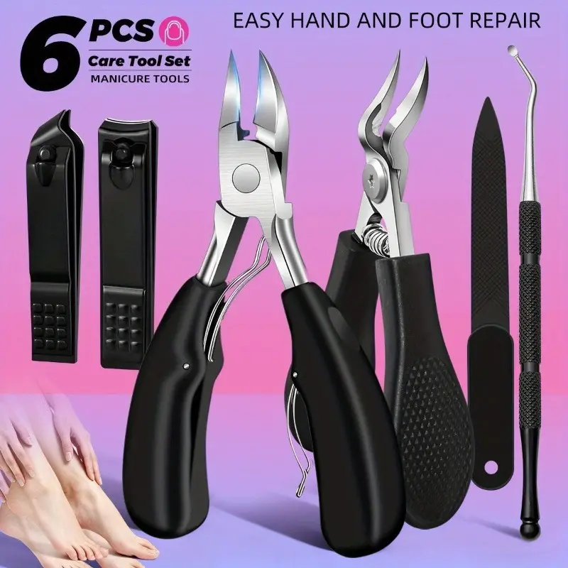 6‑Pcs Professional Stainless‑Steel Pedicure Manicure Tool Kit, Double‑size Ingrown Toenail Nipper Nail Clippers, Nail File and Ingrown Nail Lifter, Foot Care Set for Thick Ingrown Nails, Dead Skin, Callus and Cuticle Removal