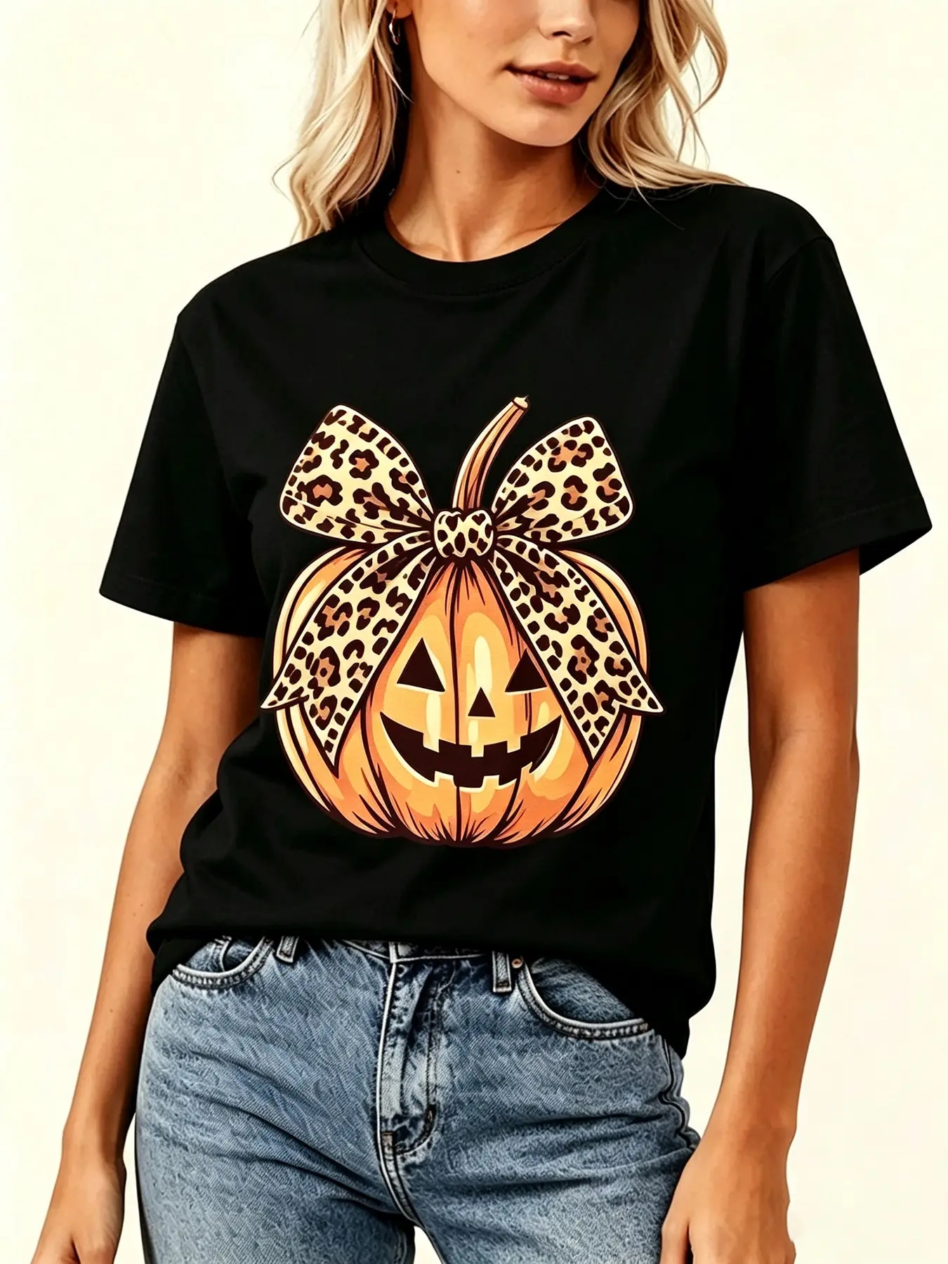 Halloween Leopard Print Bow Pumpkin Head Print T-Shirt for Women, Casual Fitted Tee for All Seasons, Stylish Halloween