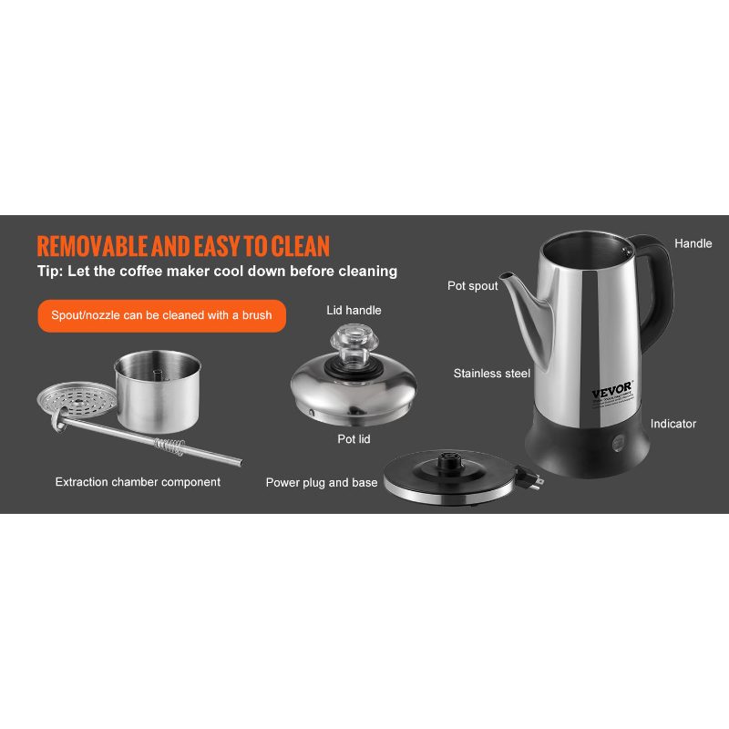 VEVOR 12-Cup Electric Percolator Coffee Pot, 304 Stainless Steel Coffee Percolator with Keep Warm Function Heat-Resistant Handle, Classic Coffee Maker, Quick Brew Easy-Pour Spout, Silver