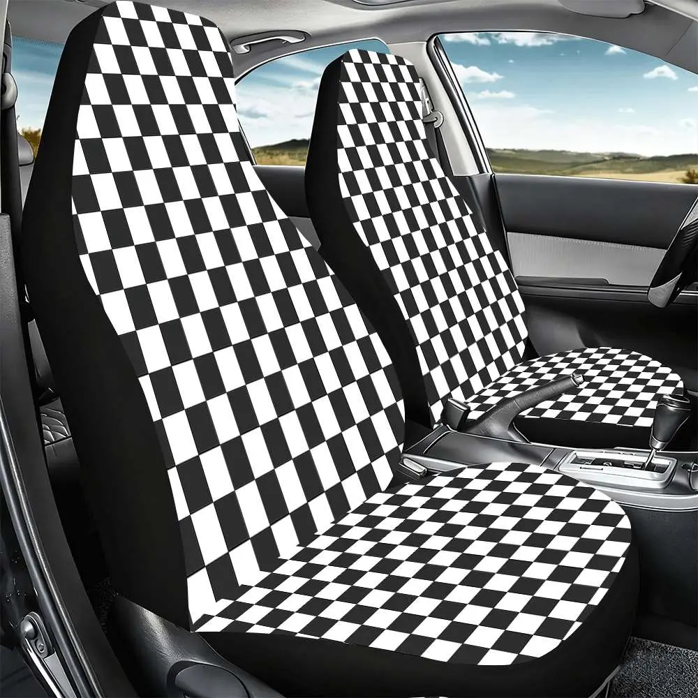Set of 2 Black And White Checkered Car Seat Covers Designed for Front Seats, Featuring a High Back Style Made from Polyester. These Are Ideal for Cars, Suvs, And Trucks, Perfect for Women'S Car Additions