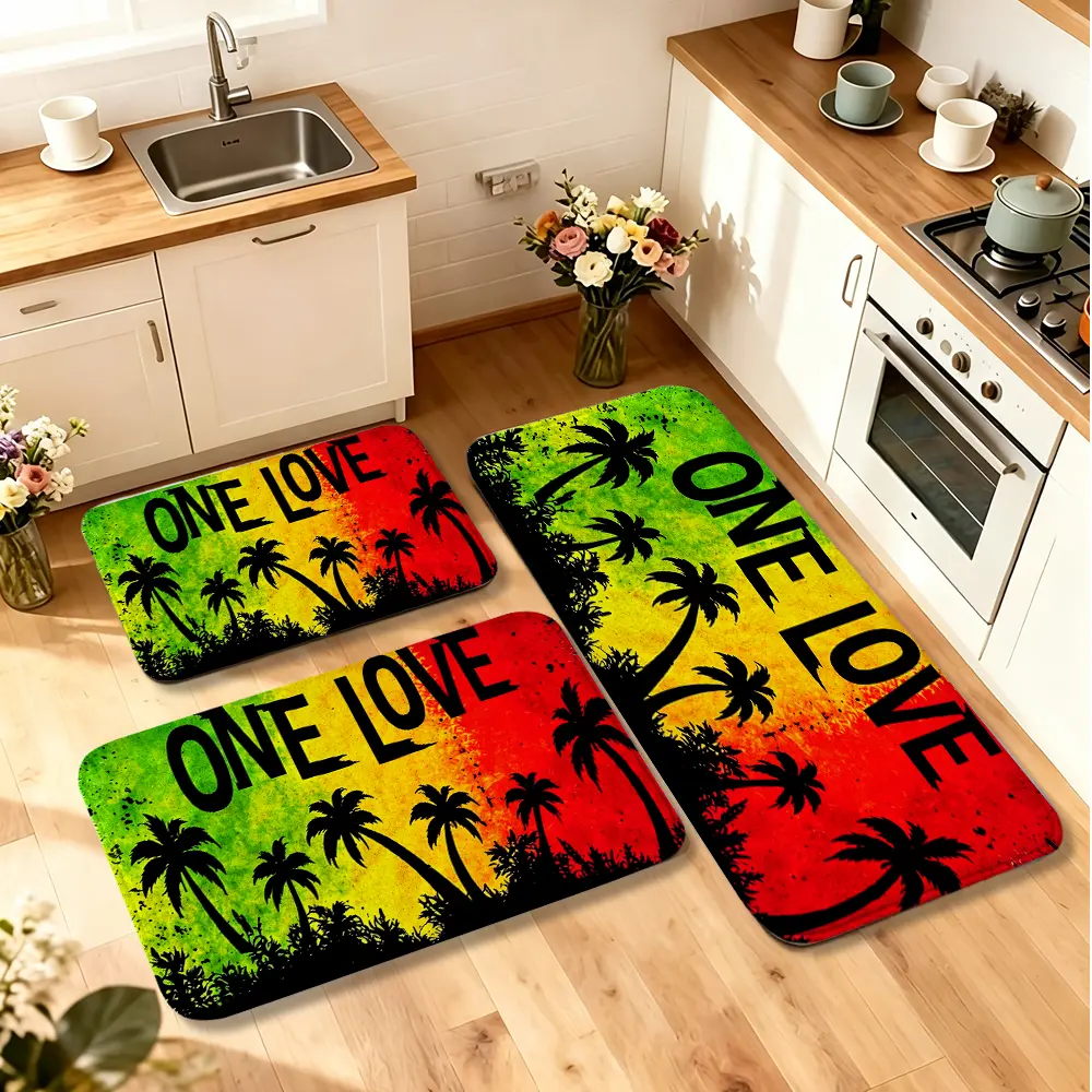 Unisex Casual 1-3pcs Flannel Mat Set, Rectangular Love Palm Tree Rainbow Pattern Welcome Mat, Multi-Size Home Decoration for Front Door-Kitchen, Ideal Gift for Women
