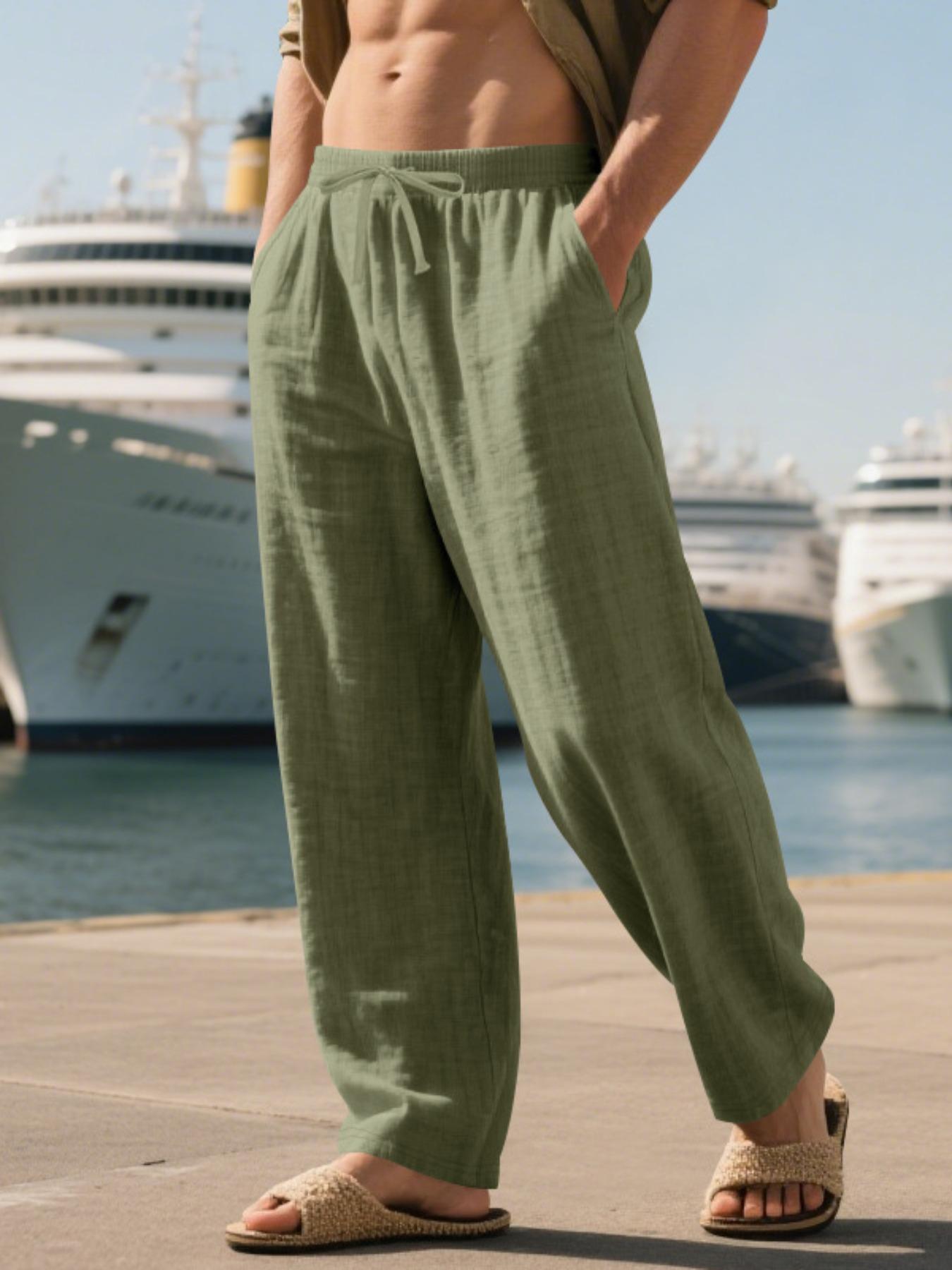 Men's Linen Long Pants, Casual Plain Trousers, Casual Loose Fit with Pockets, Spring & Fall Beach Vacation Lightweight Comfortable Breathable Fabric