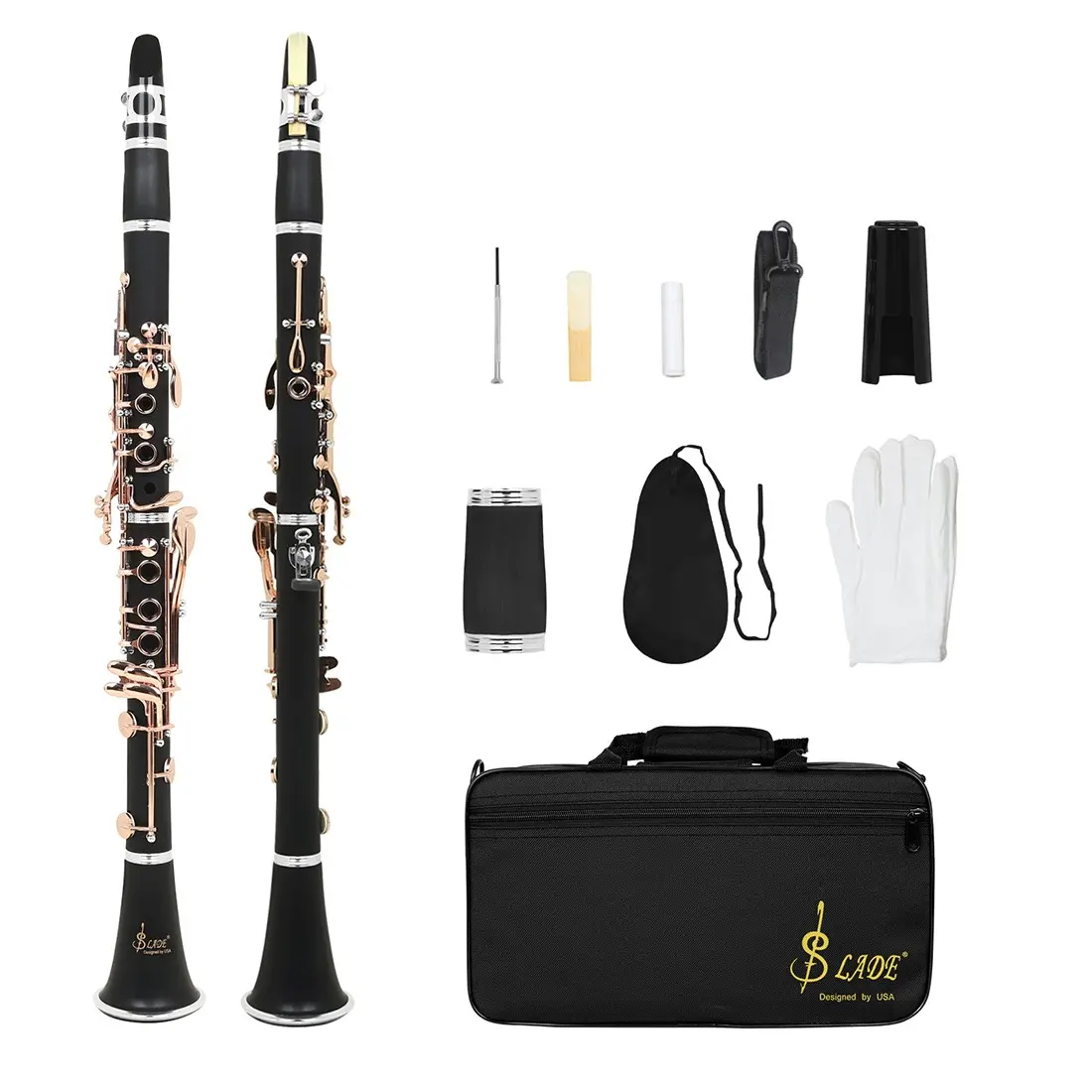 SLADE  Clarinet, 17 Keys ABS Body with Rose Gold Plated Keys, Comes with SLADE Fabric Carry Bag, Stable Tone Wind Instrument for Beginner Learning, Daily Practice and Stage Use