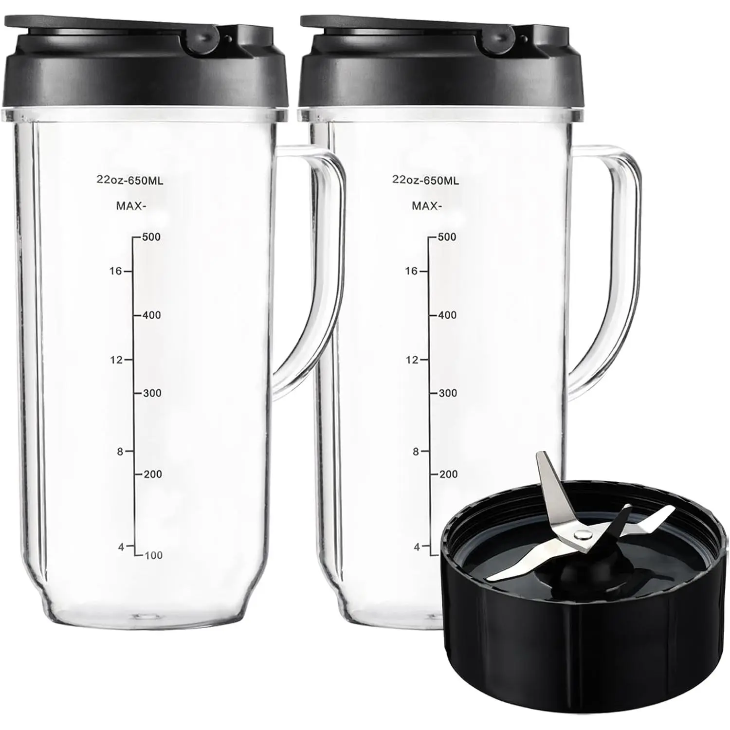 Blender Replacement Cups for Magic Bullet 250W MB1001 MBR-0701AK, Tall 22oz Cup Flip-Top Lid with Measured Markings & Cross Blade, Blender Replacement Parts, Mug with Handle