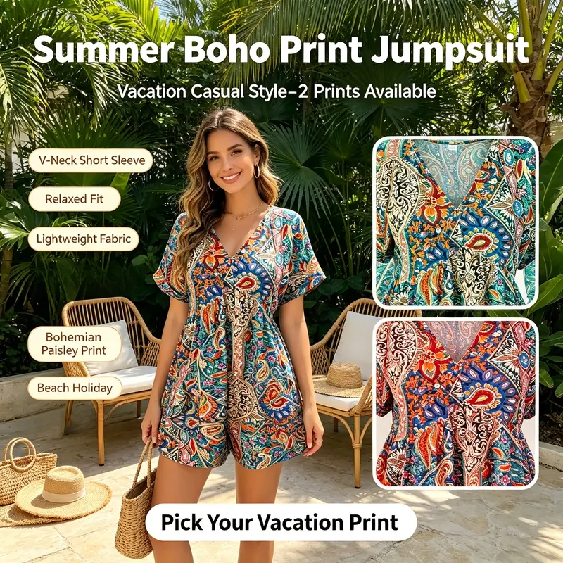 Women 2026 Summer Printed Vacation Romper, V Neck Short Sleeve Casual Loose Shorts Jumpsuit, Boho Resort One Piece Outfit with Pockets