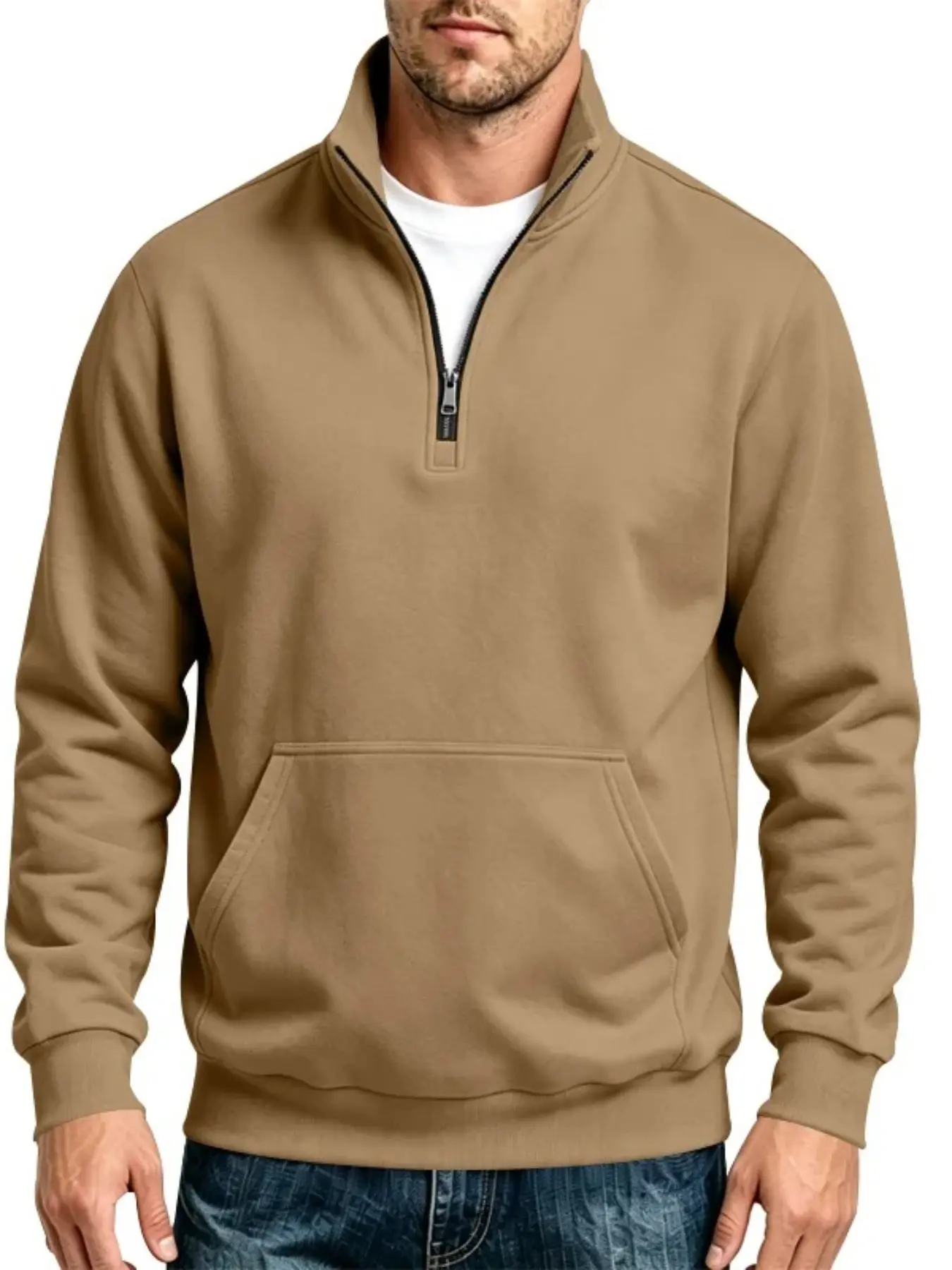 Men's Fleece-Lined Quarter-Zip Pullover Sweatshirt, Slight-Stretch Stand Collar Knit Top with Kangaroo Pocket and Ribbed Cuffs, 250 GSM Polyester Casual Layer for Fall and Winter Daily Wear