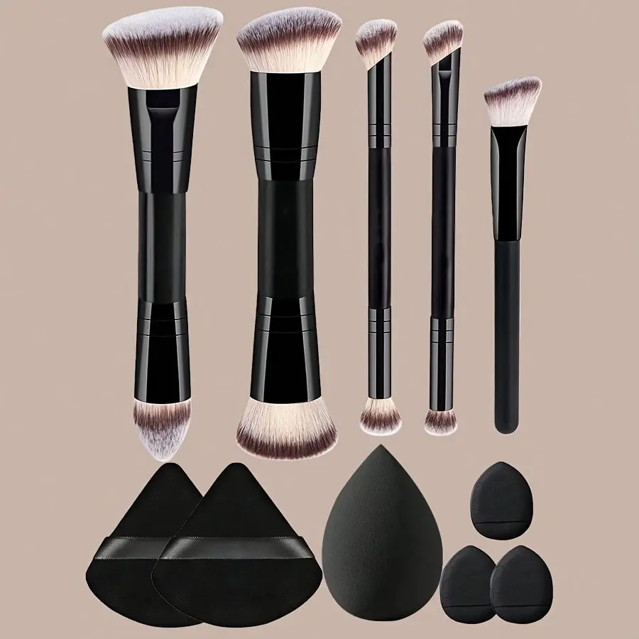 Yzimeng 11 Piece Professional Makeup Tool Set, Includes 5 Dual-Ended Face Brushes, Concealer Brush, 6 Puff & Beauty Blender, Soft Makeup Kit for Daily Use