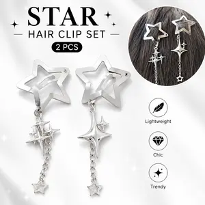 Silver Star Hair Clip Set Y2K Dangle Chain Celestial Sparkle Polished Finish Lightweight 3.5cm Clip 7cm Drop Easy Match Daily Wear Party Perfect Gift Women Girls Fashion Accessory