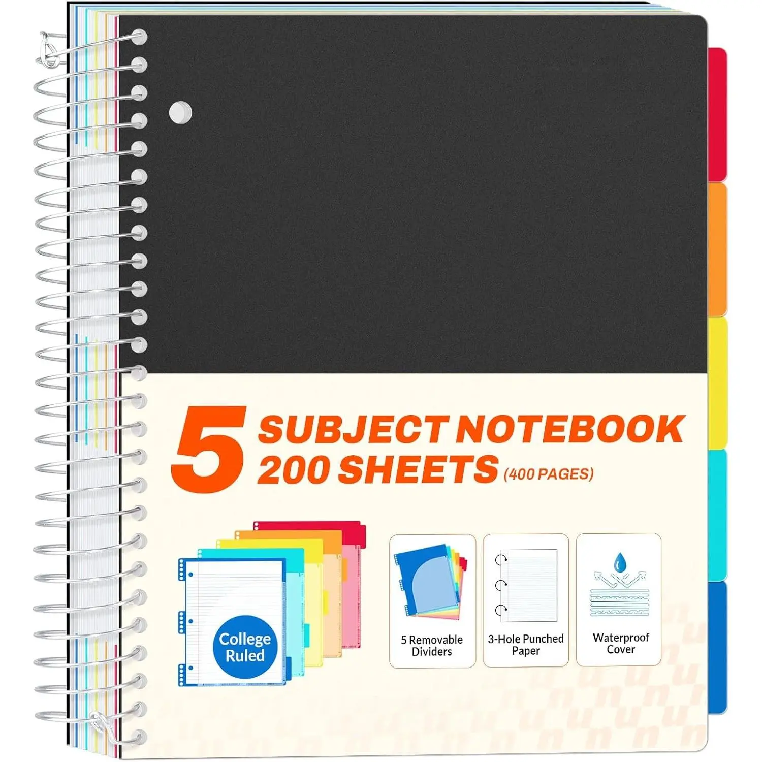5 Subject Notebook College Ruled - 400 Pages, 9"x11", 5 Pocket Colored Dividers, 3-Hole Punched Paper, Black