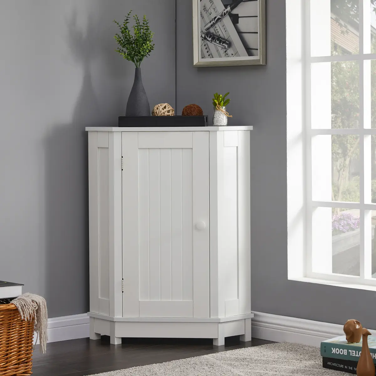 White Bathroom Cabinet Triangle Corner Storage Cabinet with Adjustable Shelf Modern Style MDF Board (Old SKU:WF291477AAK/N725P172615K)