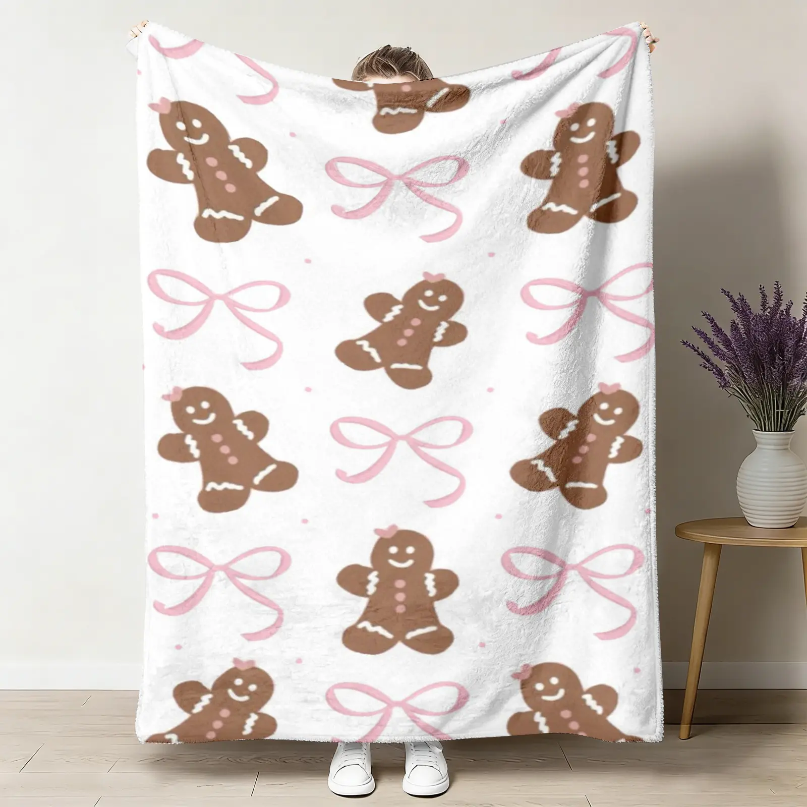 Cozy Flannel Throw Blanket with Hand-Drawn Gingerbread & Pink Bow Design – Soft Warm Blanket for Couch Bedroom Decor, Christmas Gift for Girlfriend Besties, Cute Coquette Aesthetic Home Decor ultra-soft comfortable