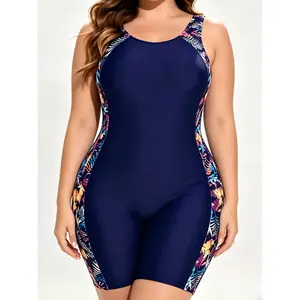 Plus Size Navy One-Piece Swimsuit |   Tropical Print Side Panels, Knee-Length for Full Coverage women