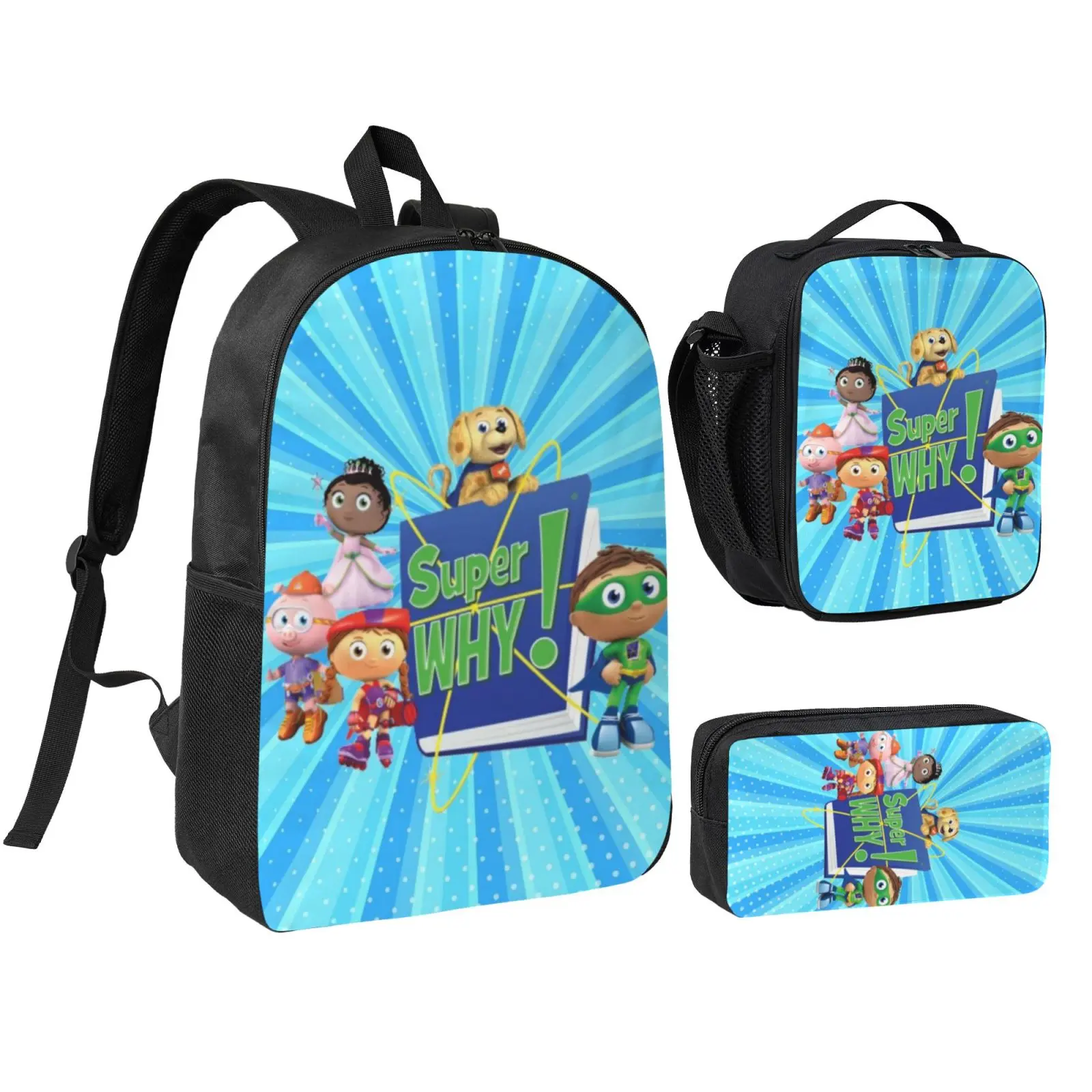 Anime Super Why Kids 3Pcs Multipurpose Teen Backpack Set with Adjustable Shoulder Straps, School Bookbag, Insulated Lunch Box & Pencil Bag for Boys Girls Daily School Travel Office
