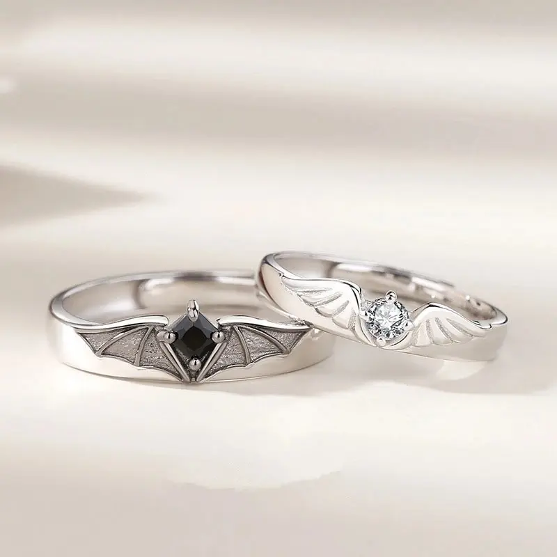 Crystal Angel Demon Couple Rings for Women Men Romantic Fashion Wings Design Adjustable Engagement Ring Wedding Jewelry