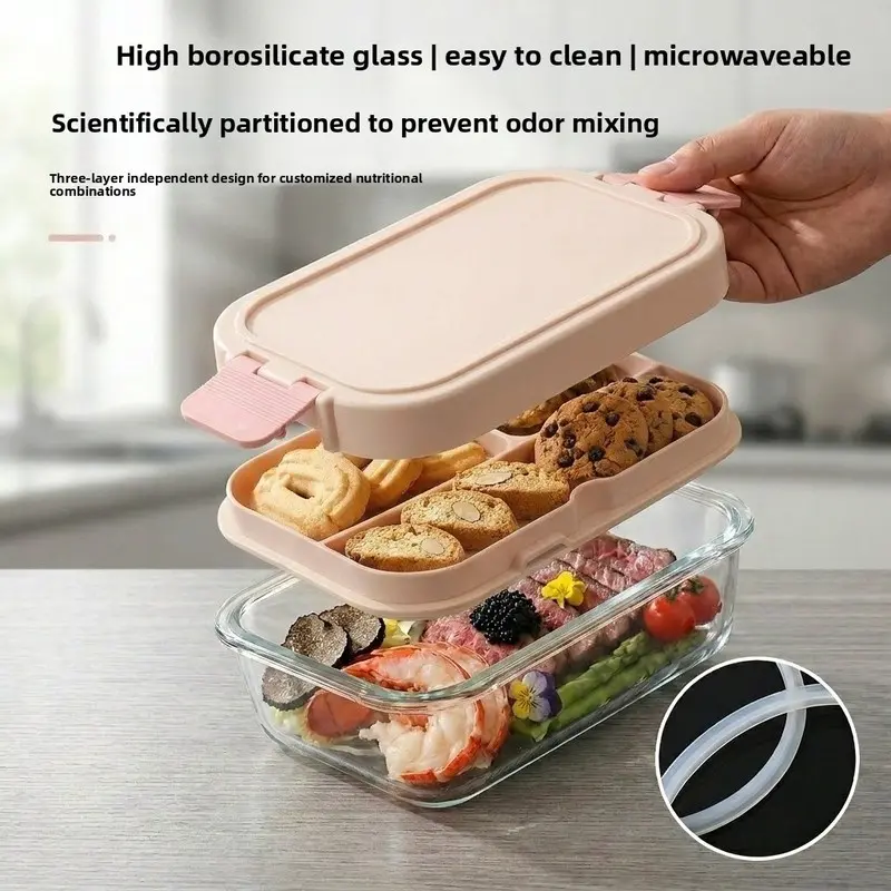 2pcs  Double Layer Glass Food Container Airtight Lunch Box Microwave Safe Rectangular Bento Box for Picnic Meal Prep Leakproof Storage Containers