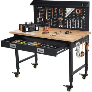 Workbench 48"x24" Adjustable Height Workbench, Heavy Duty Rubber Wood Top Worktable, 2000 LBS Load Capacity Rolling Workstation with Drawer, Pegboard, Built-in Power Outlets, Lockable Wheels, Multipurpose Work Table for Garage, Workshop & Home DIY Project
