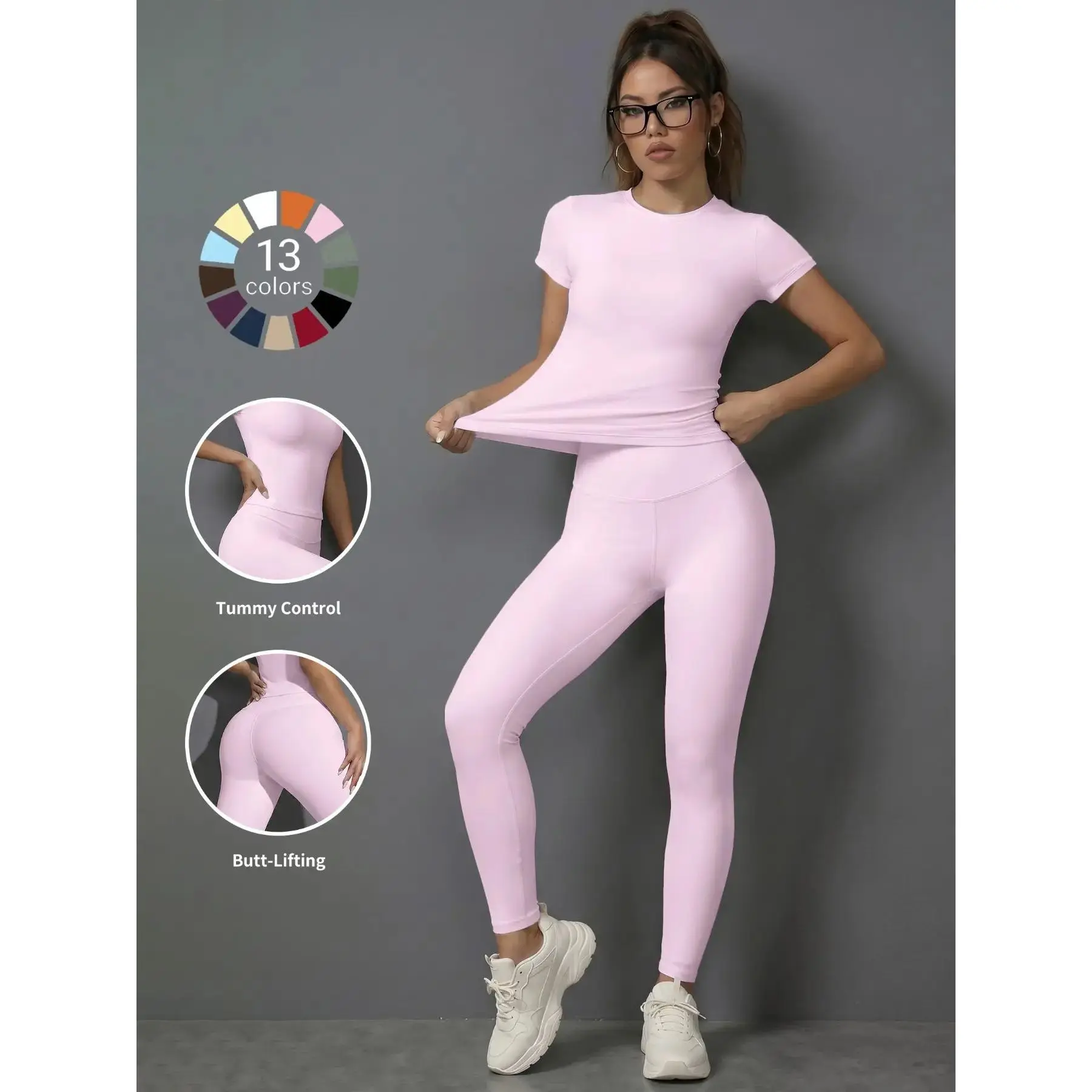 Women's Sporty Plain Slim Fit High-Waisted Yoga Pants & Short Sleeves Set, Exercise Clothing Set, Soft Breathable Activewear for Gym Running Outdoor Activities