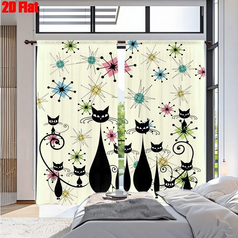 2D Flat 2Pcs Retro Black Cat Starburst Pattern Curtains with Mid Century Modern Style, Abstract Geometric Print Drapes for Bedroom Living Room Home Decor