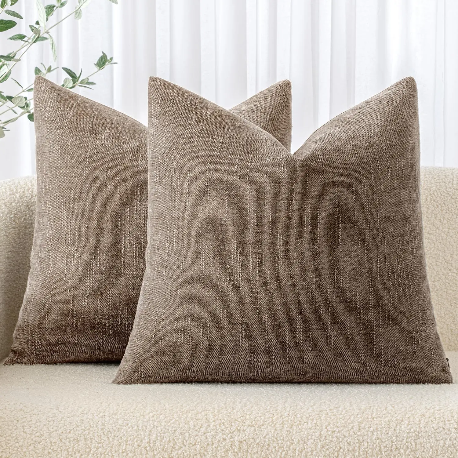 Pack of 2 Decorative Throw Pillow Covers Soft Chenille Throw Pillows Solid Neutral Farmhouse Textured Cushion Covers for Couch Sofa Bedroom Living Room 20x20 Inch, Taupe Grey
