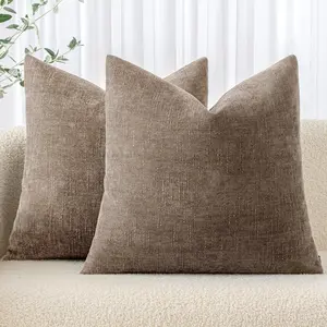 Pack of 2 Decorative Throw Pillow Covers Soft Chenille Throw Pillows Solid Neutral Farmhouse Textured Cushion Covers for Couch Sofa Bedroom Living Room 20x20 Inch, Taupe Grey
