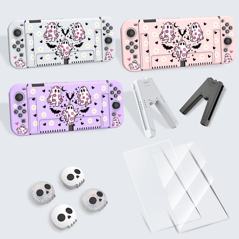 Cute Ghost Pattern Game Console Protective Case with Tempered Film & V-shaped Grip & Rocker Cap, Game Console Accessories for Switch OLED/NS/Lite