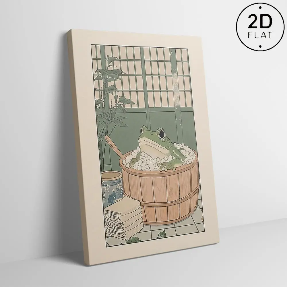 Retro Anime Frog Bubble Bath Canvas Print | Funny Toilet Wall Art |Aesthetic Bathroom Decor |Relaxing Zen Spa Bathroom Poster, anime frog lover print, japandi bathroom decor, novelty gag wall gift, wabi‑sabi bath wall hanging, retro anime bath print