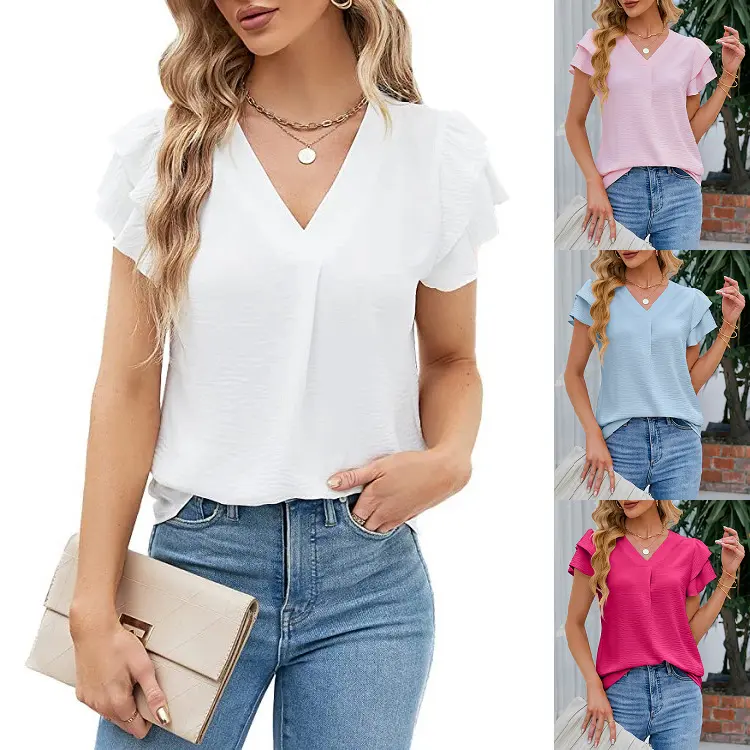 Women's V-Neck Ruffle Short Sleeve Blouse, Casual Basic Loose Fit Textured Polyester Top for Summer Work, Shortsleeve, Fabric