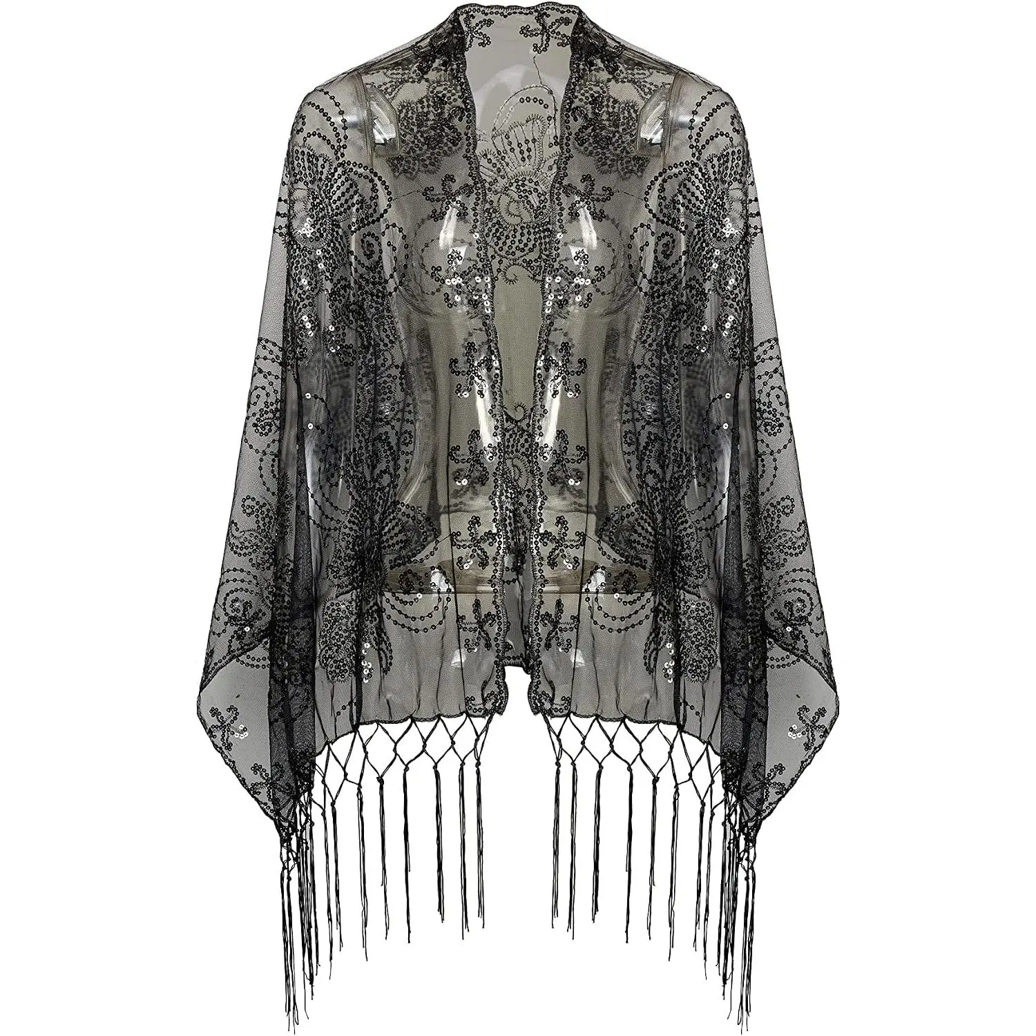 1920s Sequin Shawl Wraps for Women Fringed Evening Cape Cover Up | See-through Fabric, Sequin Beaded ,  Embroidery, Long Tassel, for   &  Parties