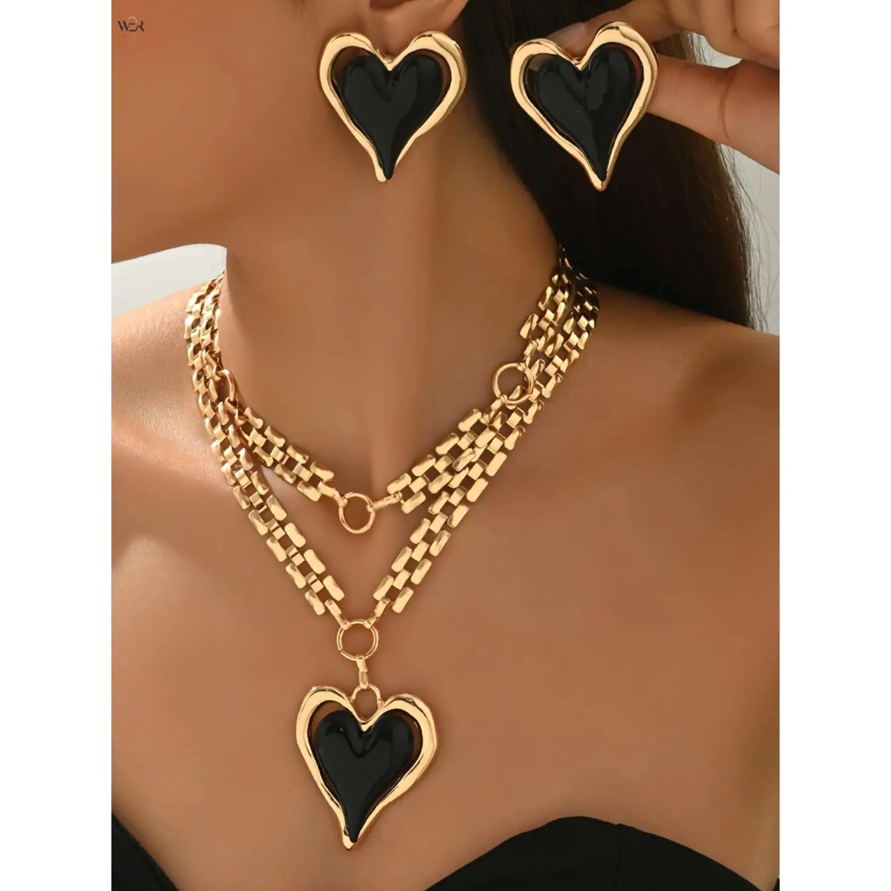 2-Piece Heart Jewelry Set for Women | Chunky Layered Necklaces & Glossy Enamel Heart Shaped Earrings, Vintage Punk Statement Party Jewelry, Chunky Chains, Party Wear, Accessories For Women, Gift Sets For Women