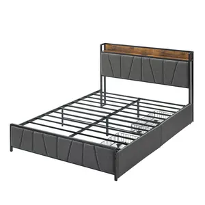 Bed Frame Twin Full Queen King Size with Storage Drawers & Charging Station, Upholstered Platform Bed with USB & Type-C Ports, Headboard Shelf, Heavy Duty Metal Slats, No Box Spring Needed, Modern Linen Fabric Bed for Dorm Bedroom Apartment