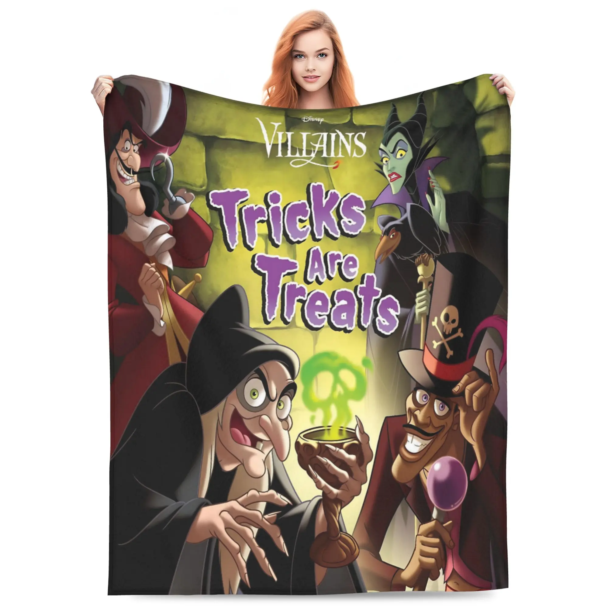 DISNEY CLASSIC Villains Tricks Are Treats Throw Blanket, Captain Hook Maleficent Evil Witch Dr. Facilier Green Magic Potion Brick Wall Cartoon Print Flannel Fleece Blanket Soft Cozy Blanket for Sofa Bed Gift for Halloween Villain Fans
