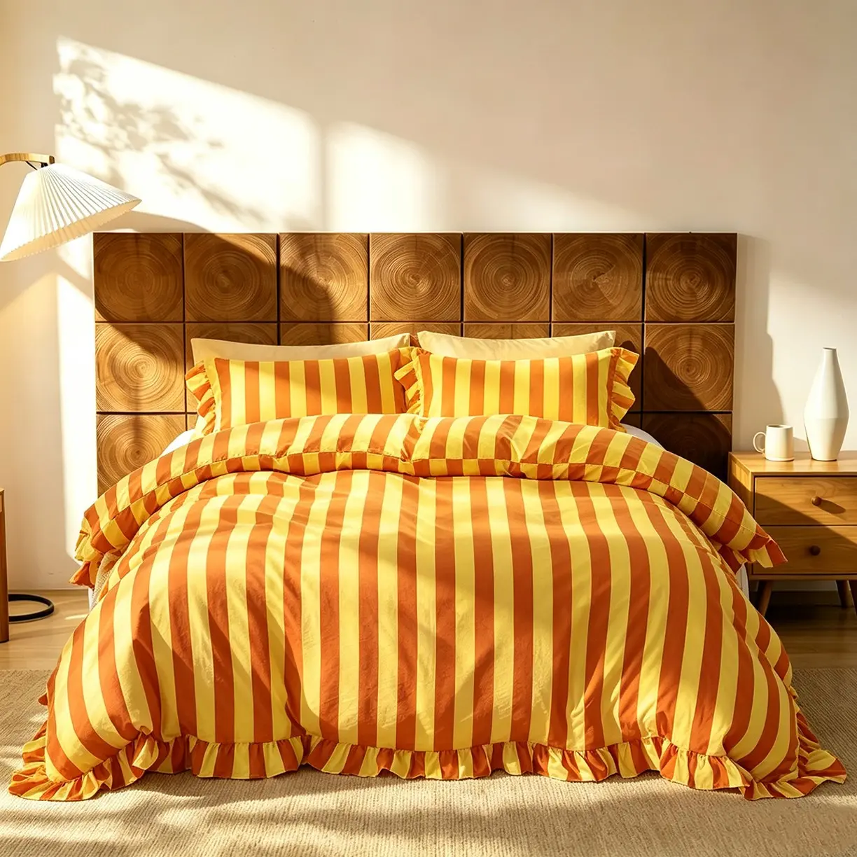 Autumn Orange‑Yellow Striped 3‑Piece Duvet Cover Set with Ruffled Fringe, 1 Duvet Cover + 2 Pillowcases (No Fill), Soft Cozy Fabric for Bedroom Decor, Ideal Birthday Gift