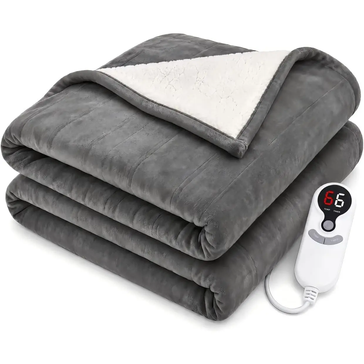 Electric Heated Blanket, Flannel and Sherpa, Throw 50 x 60 in, Light Gray | 6 heat settings | 1-10-hour auto-off | dual-sided comfort | soft, cozy comfort | machine washable | for bed, office