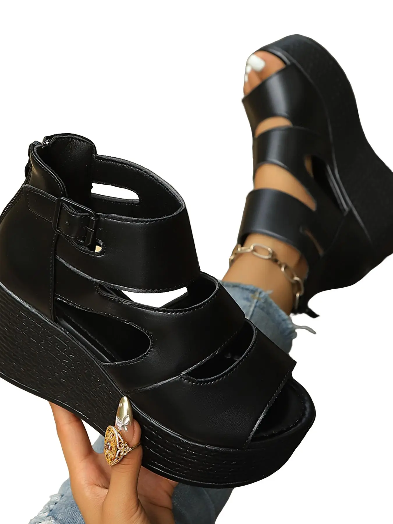 Open-Toe Heeled Sandals, Wide Strap Back Zip Design, Versatile Women's Shoes for Commuting and Vacation