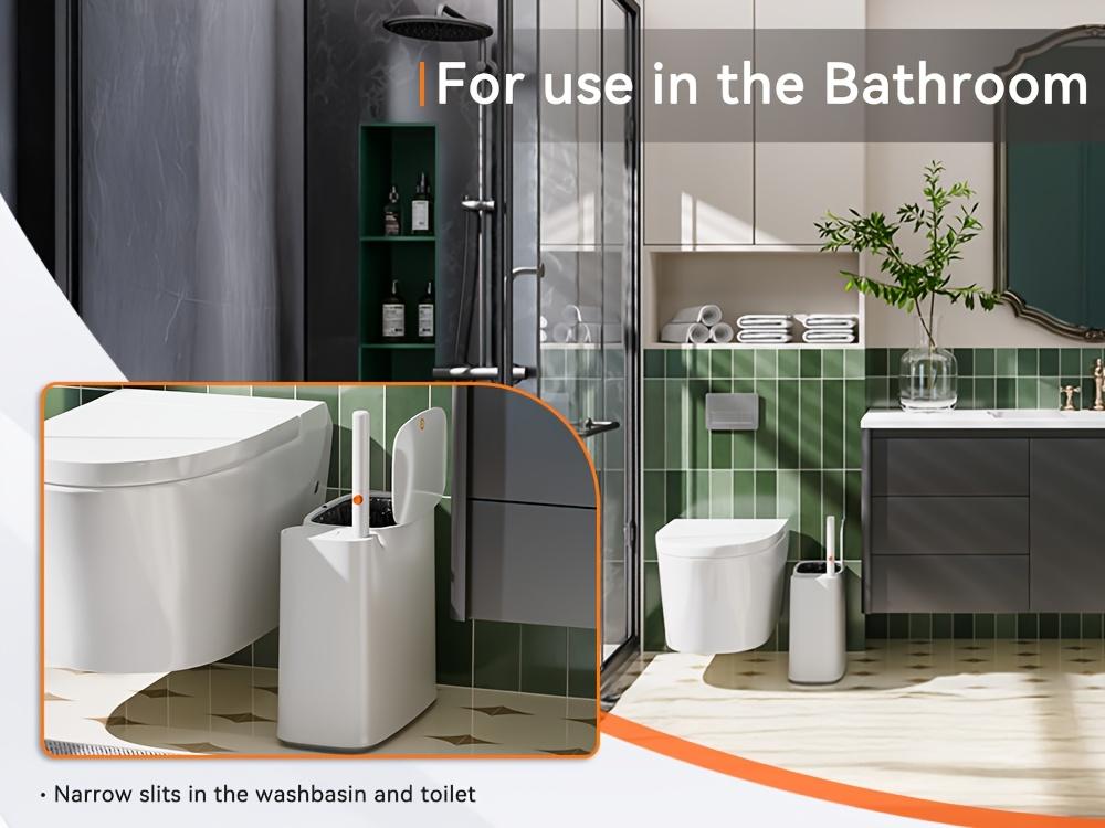 2-in-1 Trash Can With Toilet Brush And Brush Head |   White Rectangular Modern Bathroom Narrow Seam Trash Can With Push-On Lid, Disposable Toilet Brush, Ivory, Bathroom Decor And Accessories, Floor Mount, Plastic