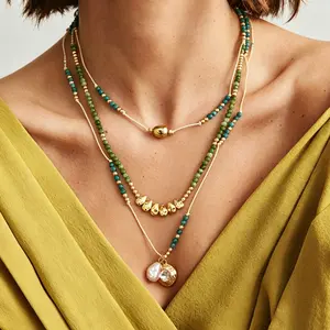 Viral Gold Tone Layered Bead Necklace Faux Pearl Coin Pendant Sage Green Teal Boho Baddie Aesthetic Main Character Energy Jewelry