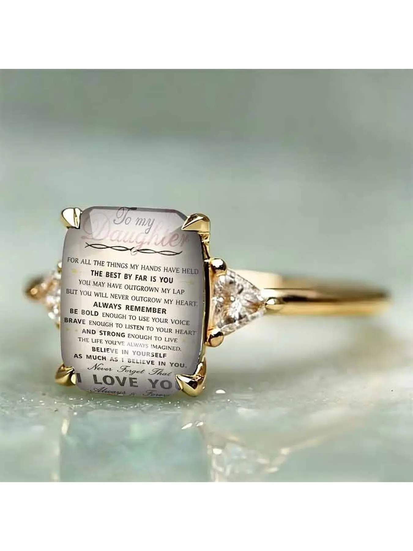 Warm-hearted English letter-shaped square ring with the theme text "To My Daughter". Suitable for parents to give to their daughters. It is a ring full of encouragement and warmth, a symbol of family affection.