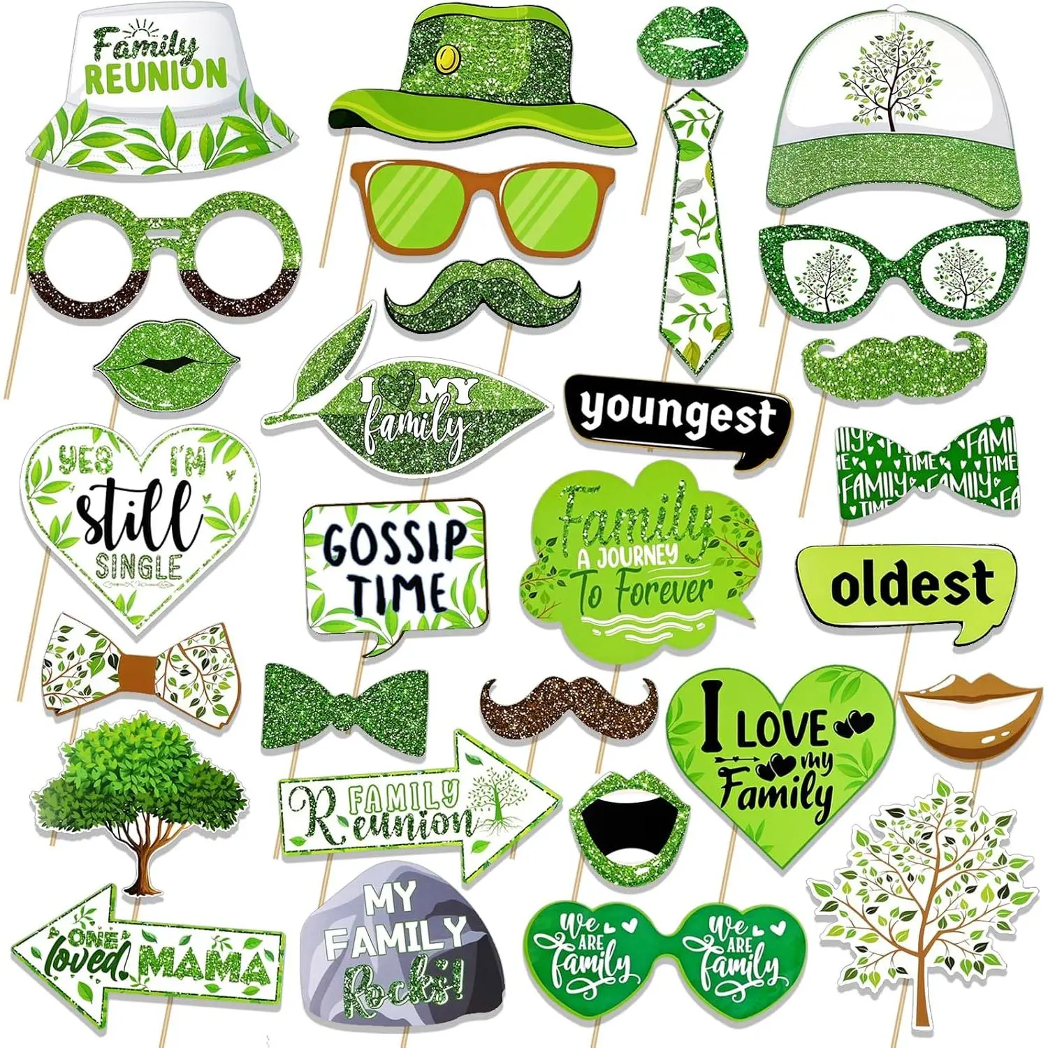 Family Reunion Photo Booth Props, 30 count Glitter Family Tree Photo Props Decoration for  Family Gathering Party Supplies Funny Family Reunion Selfie Props