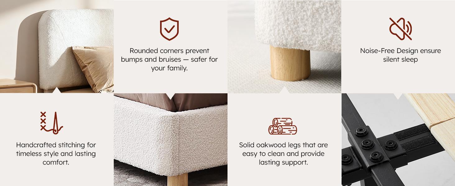 Queen Size Cloud Bed Frame, Soft Boucle Bed Frame with Adjustable Headboard, Solid Wood Legs, Rounded Corners Design & Easy Assembly – Modern Platform Bed,Cream