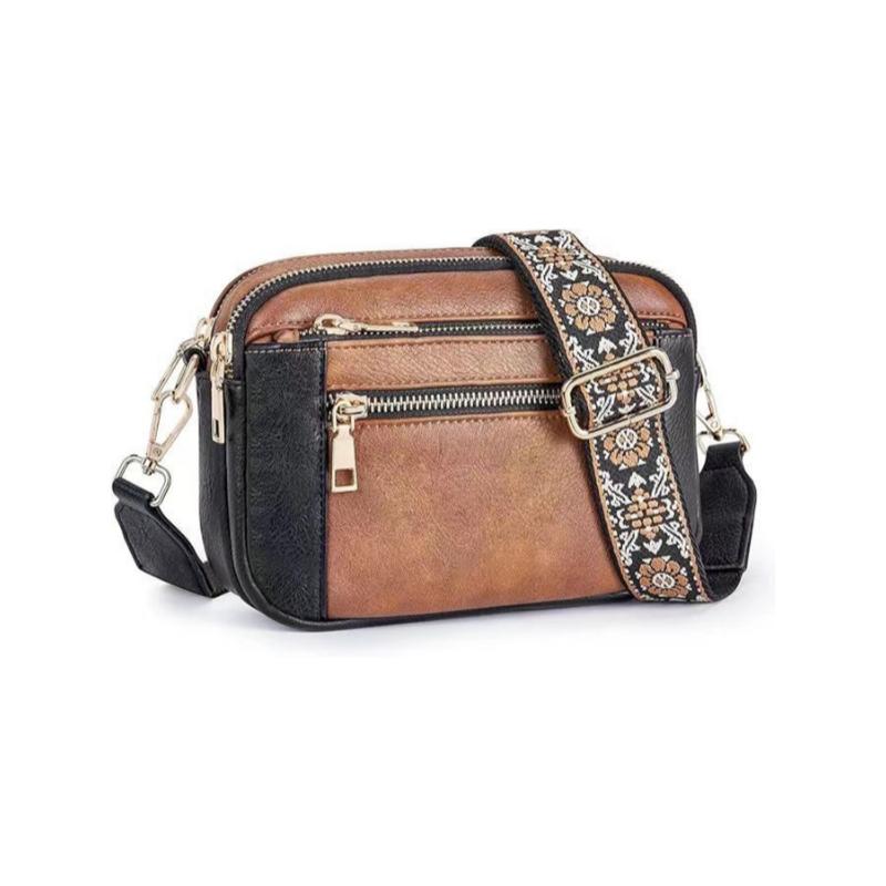 Color Block Multifunctional Zipper Crossbody Bag Square PU Shoulder Wallet Adjustable Strap