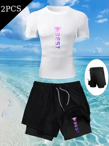 Men's High-Performance Quick-Dry Compression Set (2-Piece), Stretch Fitness & Outdoor Gear, Shaping T-Shirt & Dual-Layer Shorts, Sweat-Wicking