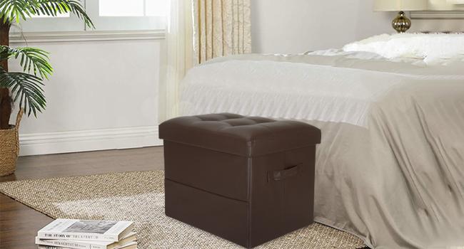 Storage Ottoman Foot Rest Stool, Foldable Leather Footstool Storage Bench with Thicker Foam Padded Seat. Foot Rest Under Desk for Living Room Bedroom 350 lbs, 17x13x13 in, Brown