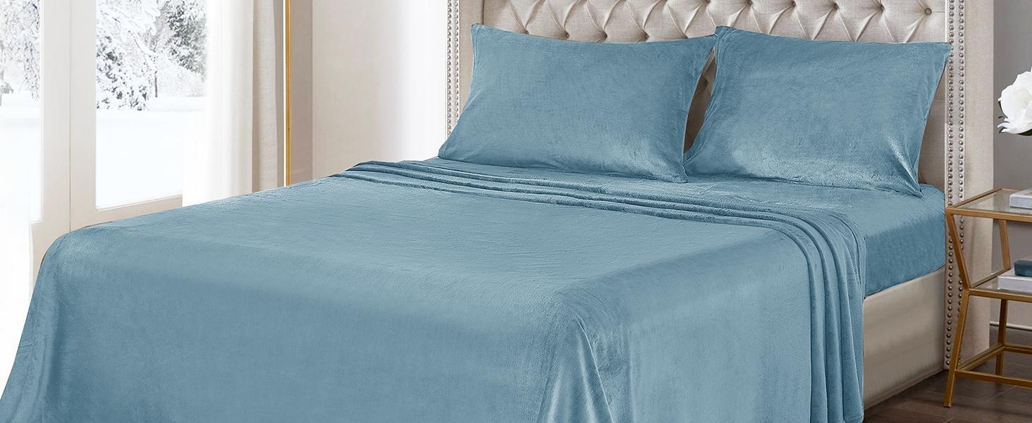 Fleece Sheets Queen Size, Flannel Like Soft, Fuzzy Warm Plush Sheets, Velvet Microfleece Bedding for Winter, Light Blue