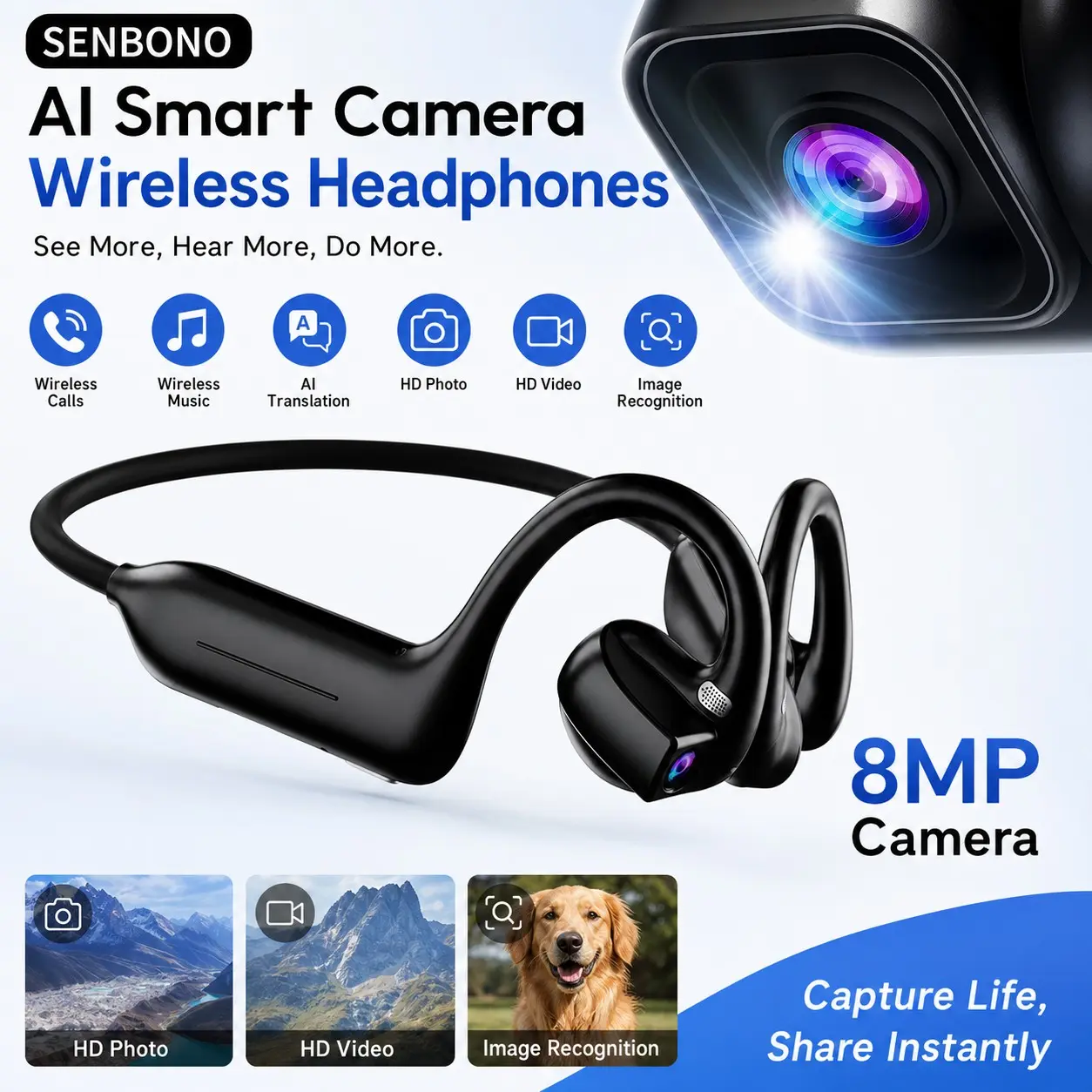 SENBONO Business Meeting Smart Earphone with 8MP HD Camera, Audio/Video Calls & Conversational Translation, Auto-Generated Meeting Minutes, Auto-Off after 2min Disconnect, Charge-to-On, Full-Charge-Off, Breathing LED Status