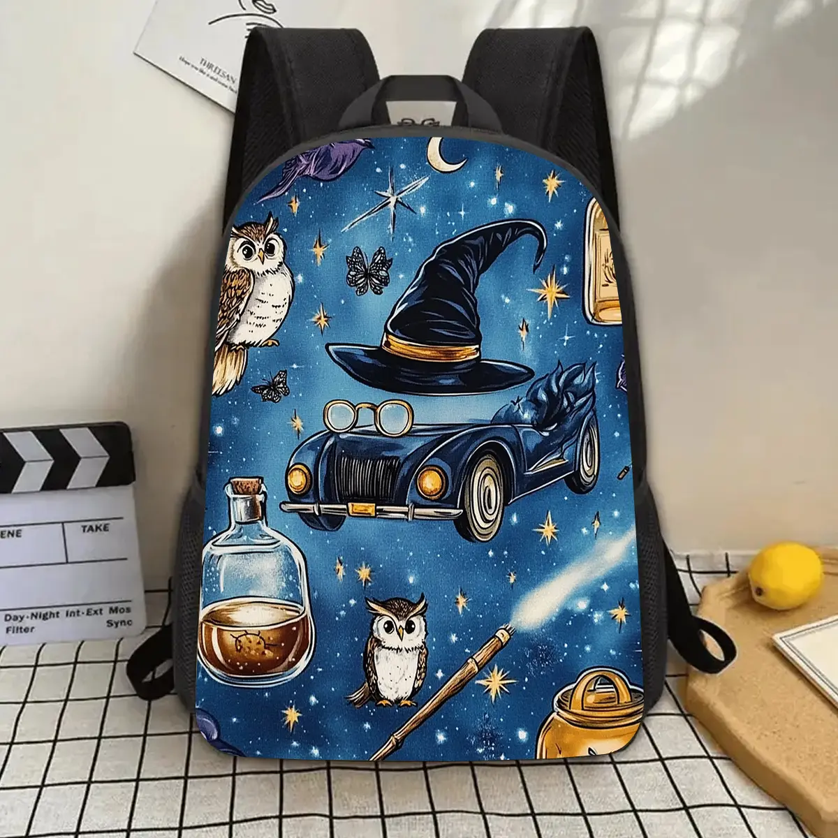 1pc 17in Unisex Cute Magical Enchanted Night Backpack - Large Capacity, Durable, Lightweight, Adjustable Shoulder Straps, Zip Closure, Vibrant Owl Witch Hat Elements, Ideal for School, Gifting