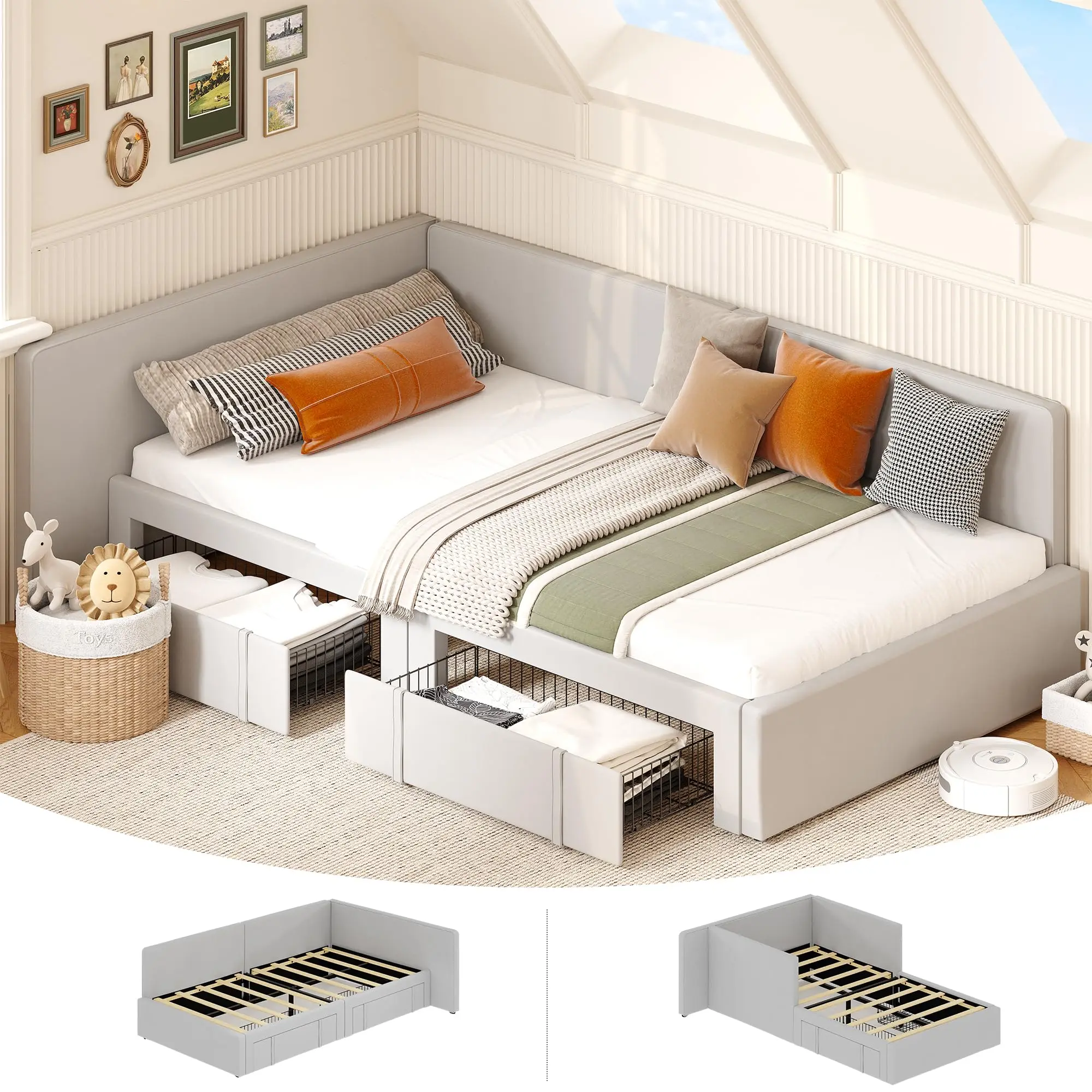 Twin Daybed with 2 Storage Drawers, Corner Bed Frame with Bed Rails, Velvet Upholstered Sofa Bed with Guardrail for Bedroom, Guest Room, Adjustable Installation, Wooden Slats Support