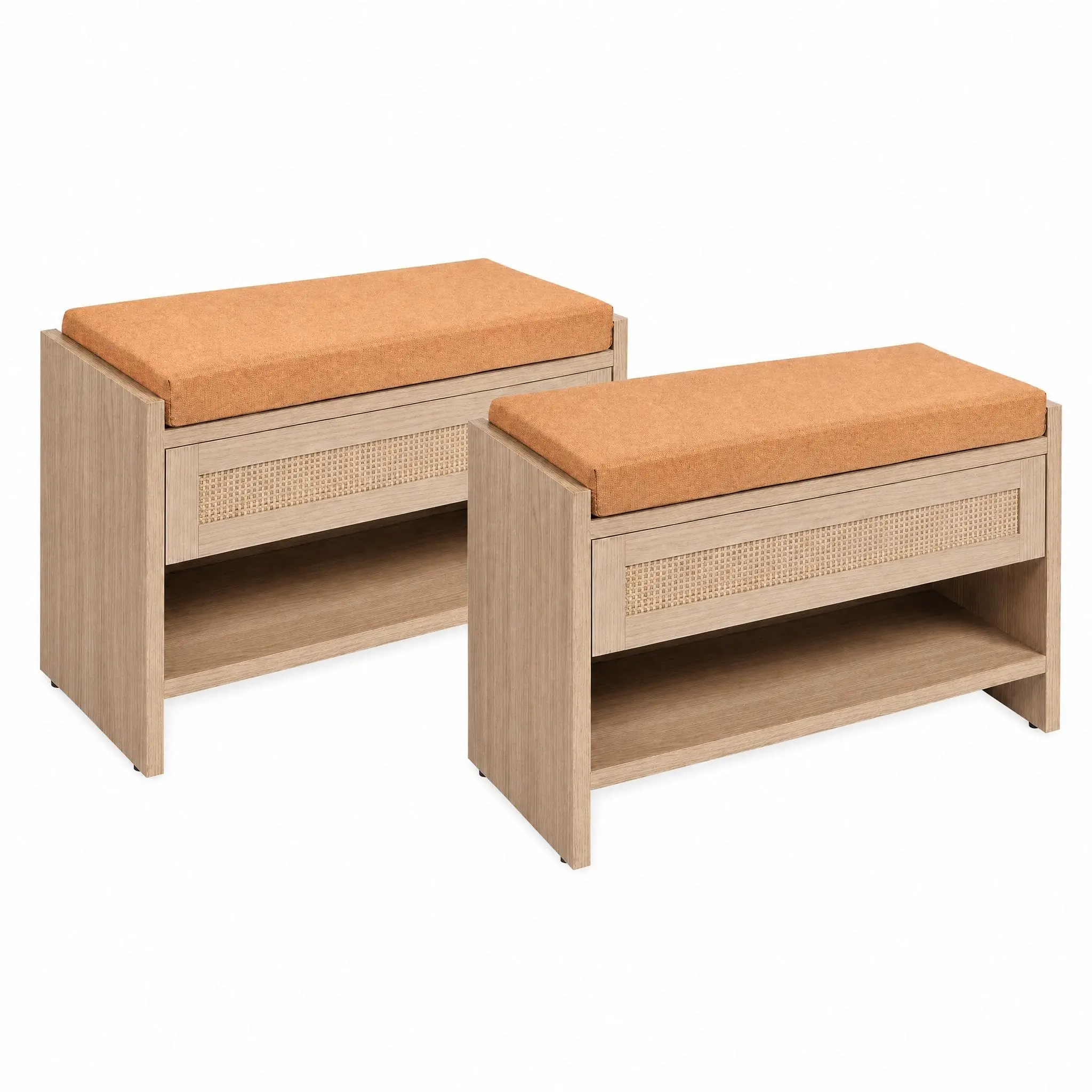 Indoor Rattan Shoe Bench (2-Pack, 31 in) - Light Oak Entryway Bench with Storage Drawer, Padded Linen Seat for Hallway, Front Door