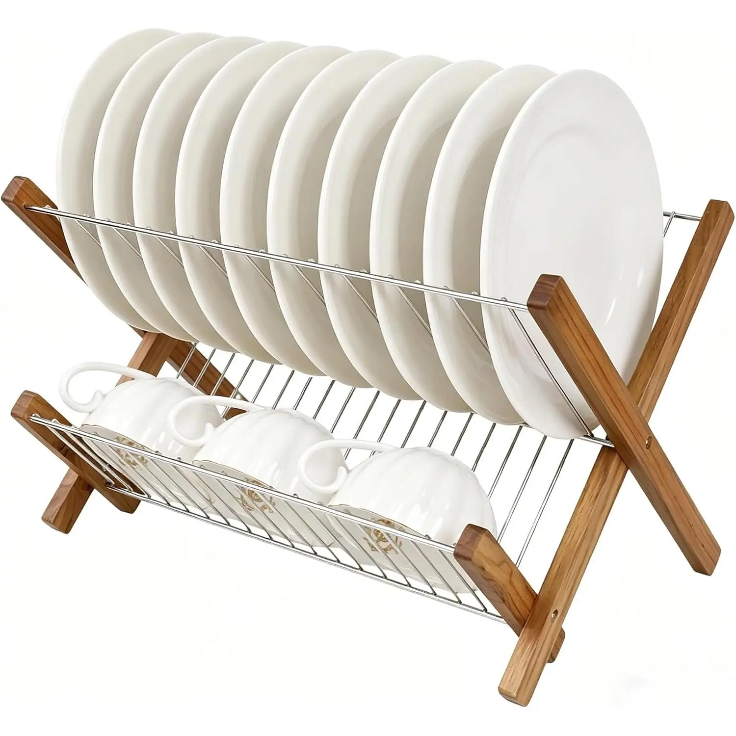 Dish Drying Rack 2 Tier,Collapsible Stainless Steel & Teak Wood Dish Drying Rack,Foldable Dish Drainer for Plates,Cups,Kitchen Counter,Home,Apartment