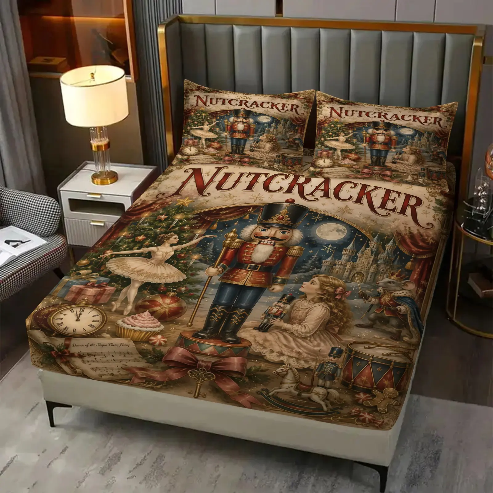 3Pcs Retro American Nutcracker Fitted Sheet Bedding Set, Festive Christmas Pattern, 1 Fitted Sheet + 2 Pillowcases (No Pillow Inserts), Soft Non‑Slip Bed Linen for Bedroom, Holiday Gift for Teens & Adults