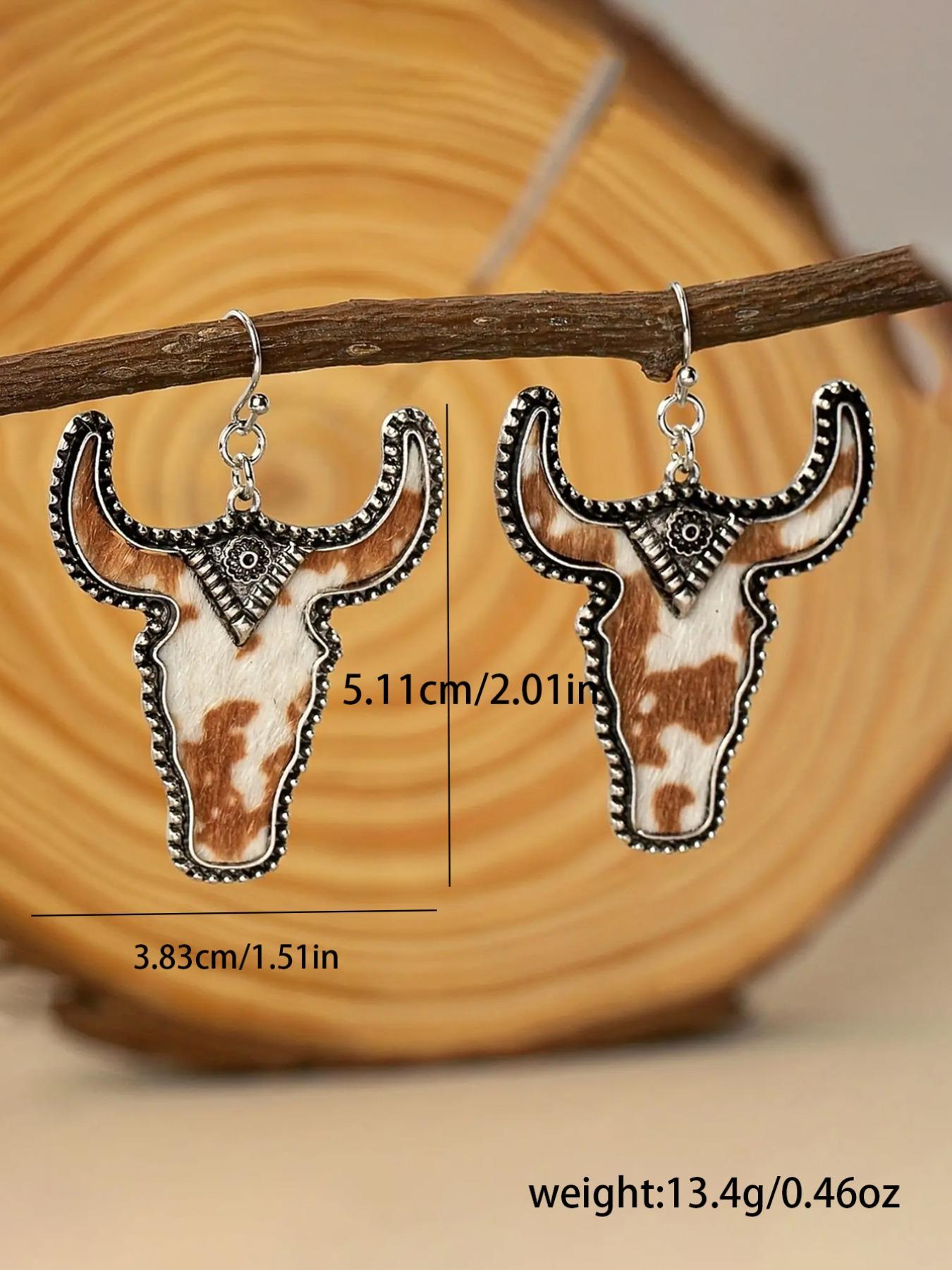Vintage Cow Head Shaped Dangle Earrings (1 Pair), Western Cowboy Style Leopard & Cow Print Earrings, Hollow Out Design Earrings for Women, Trendy Jewelry Gift for Party and Daily Life, Casual Yet Chic
